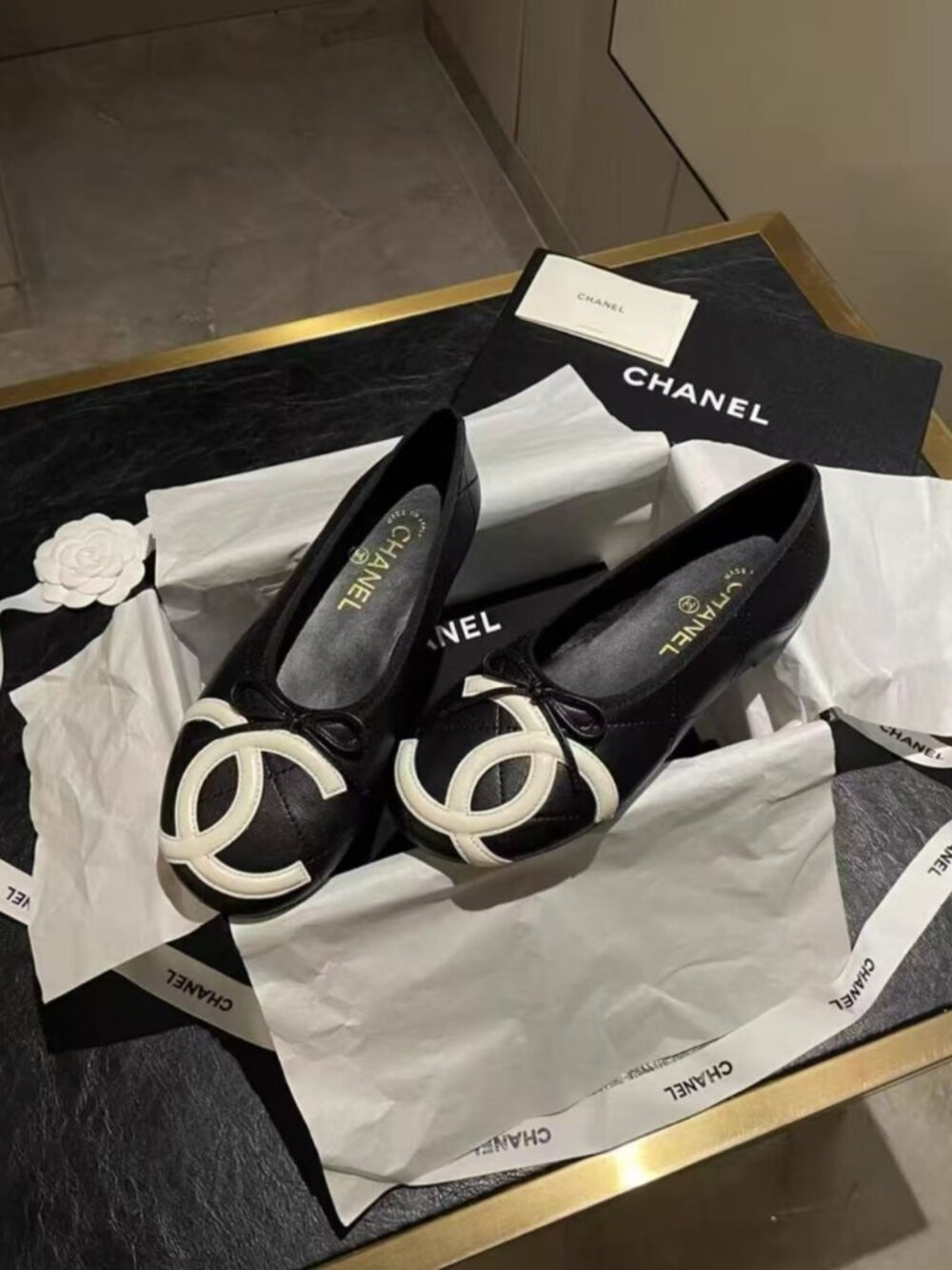 CHANEL Black‑White CC Bow Quilted Lambskin Ballet Flats